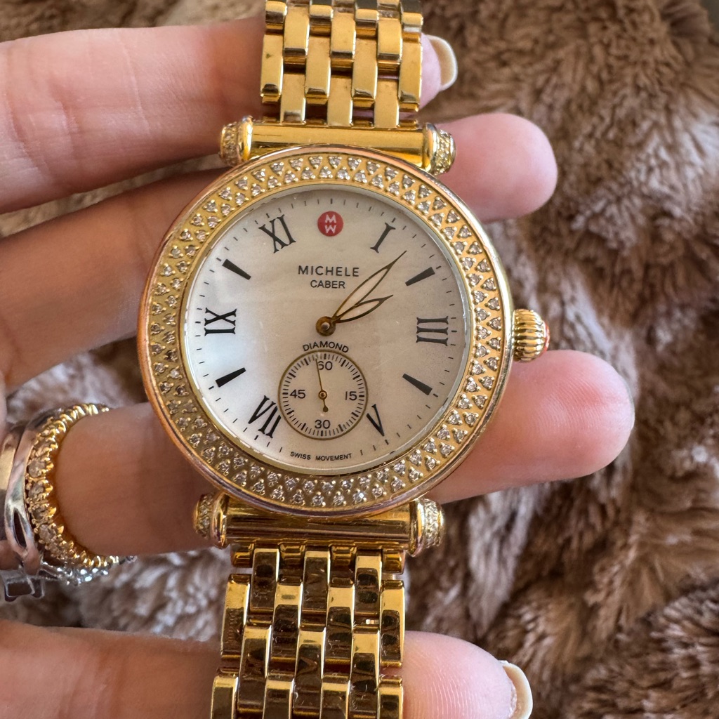 Michele Caber Gold Tone Diamond Bezel Mop Dial 37mm Quartz Womens Watch